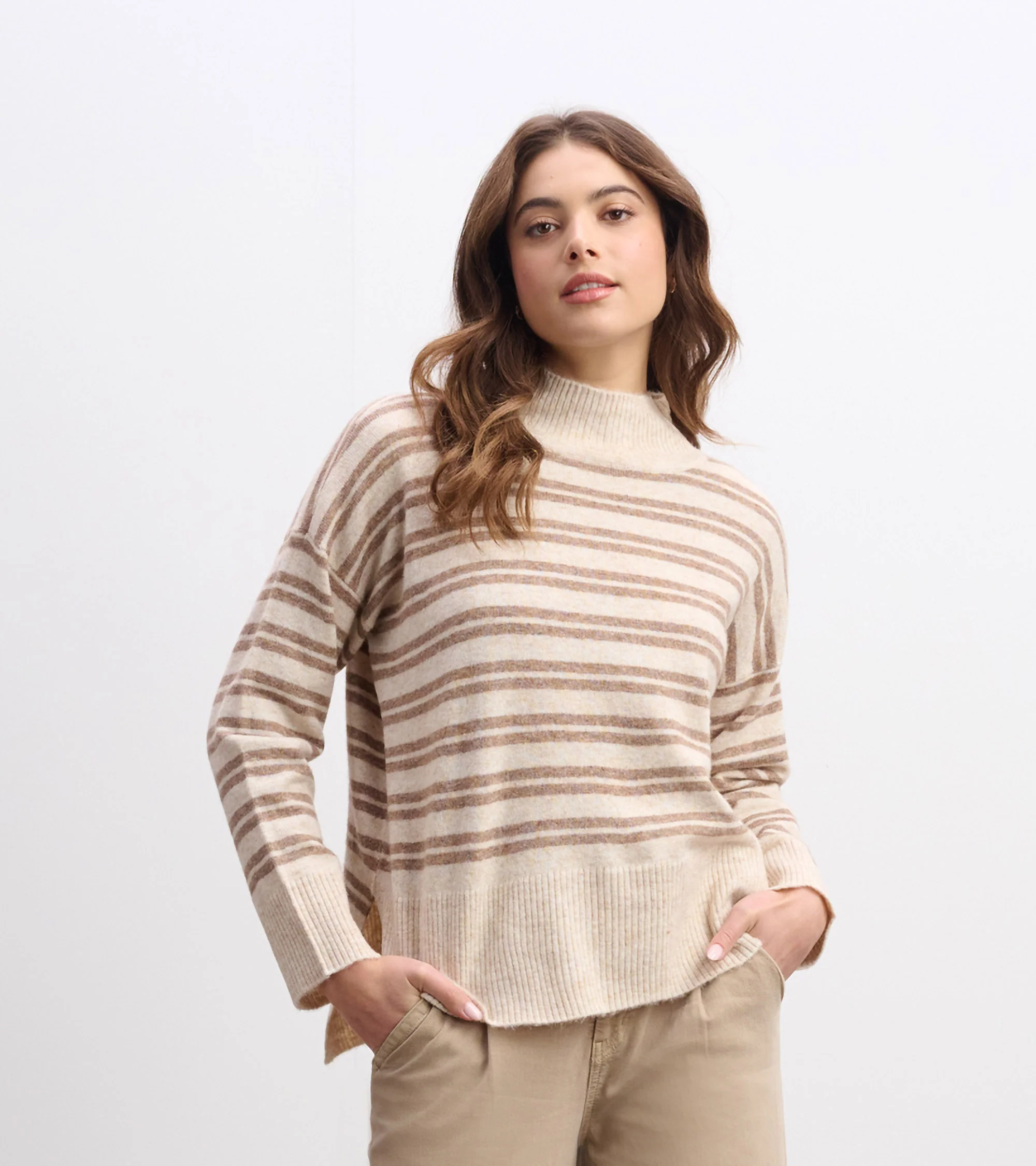 Mock Neck Sweater - Double Stripe Camel - Image 7