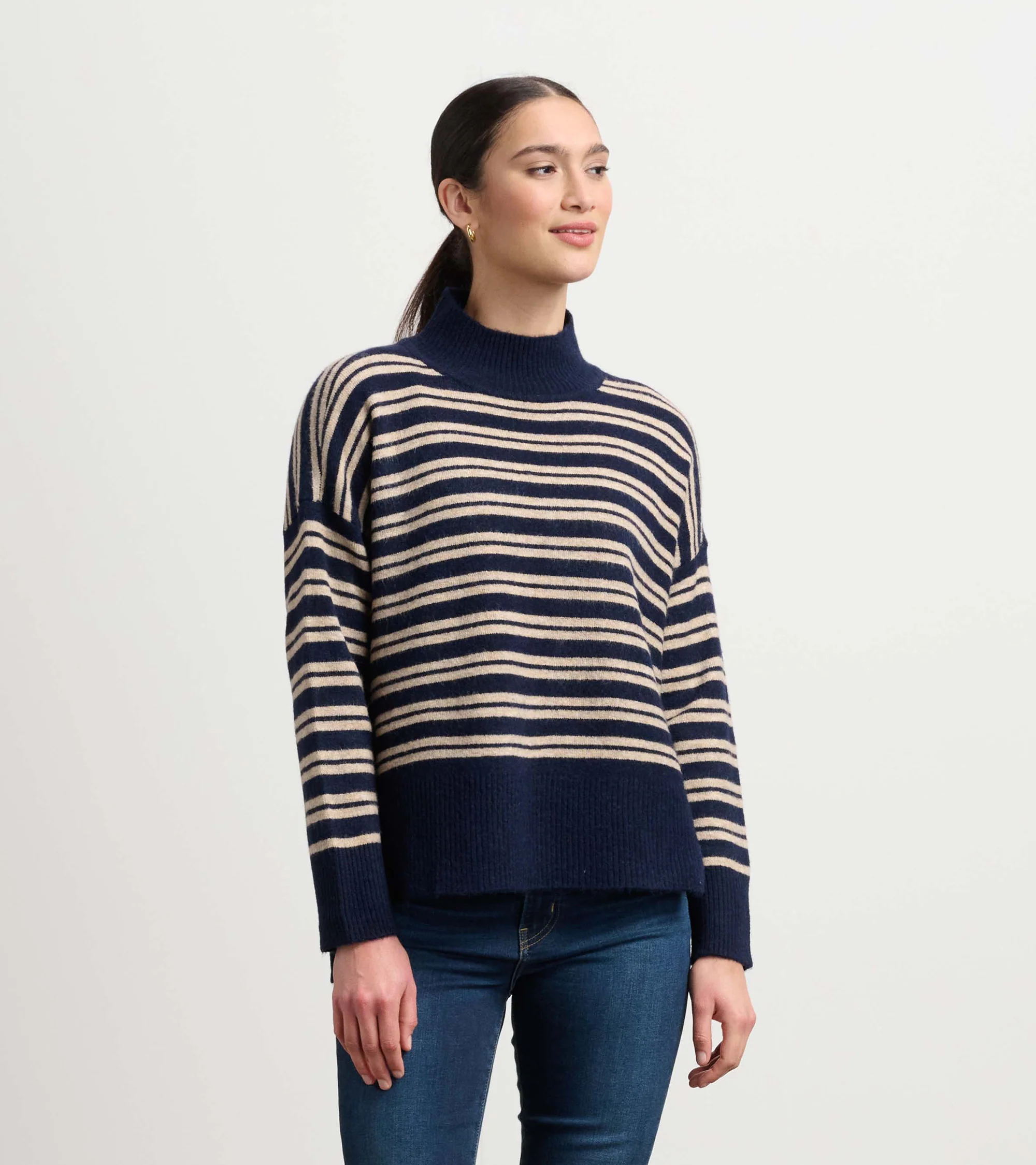 Mock Neck Sweater - Navy and Camel Stripe