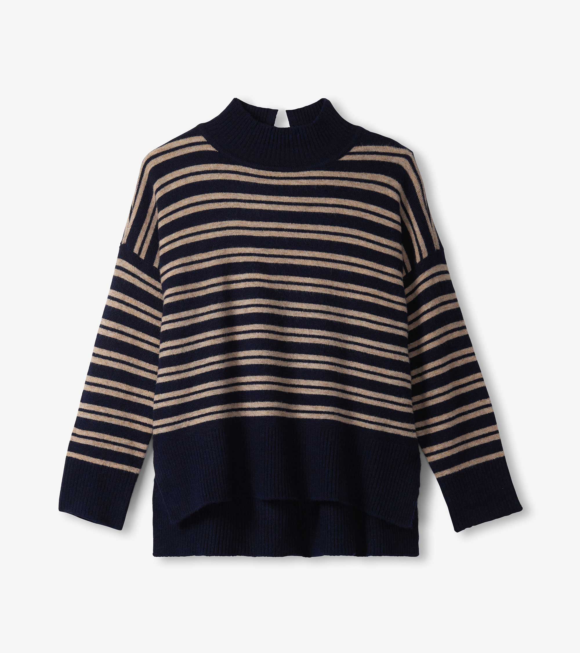 Mock Neck Sweater - Navy and Camel Stripe - Image 2
