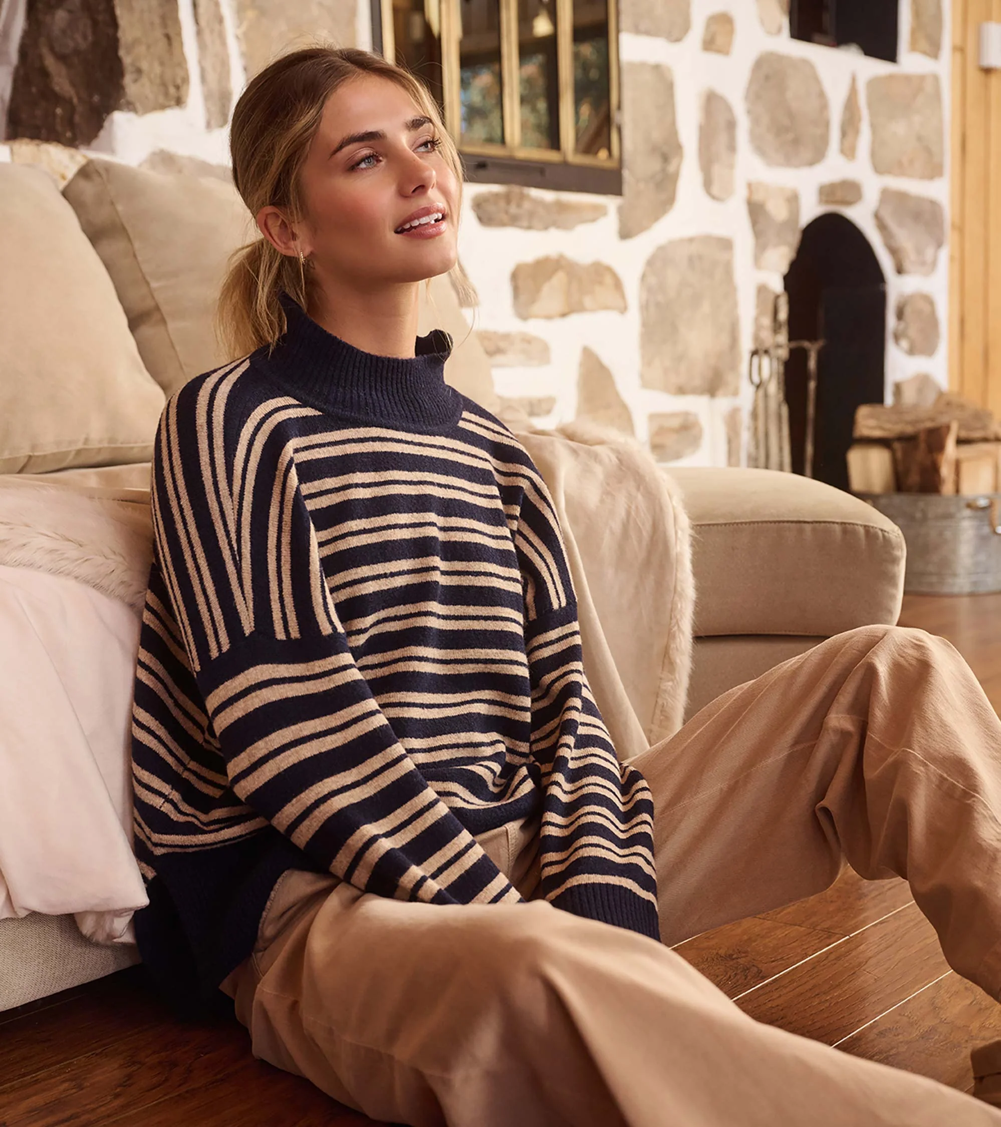 Mock Neck Sweater - Navy and Camel Stripe - Image 3