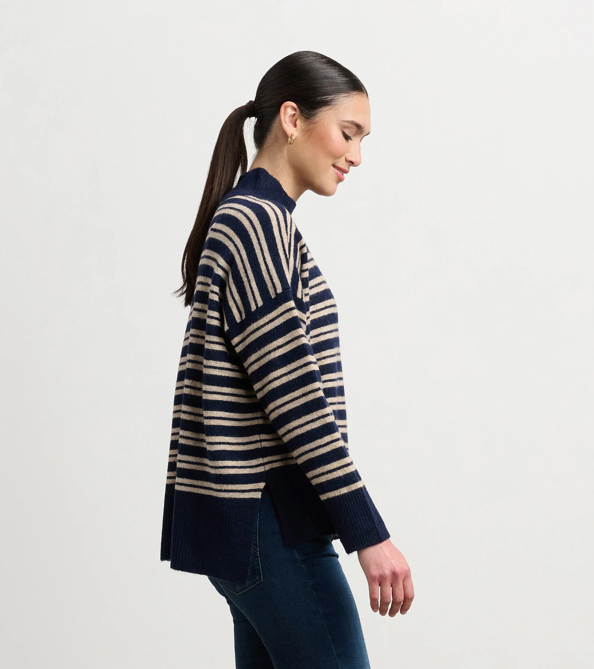 Mock Neck Sweater - Navy and Camel Stripe - Image 4
