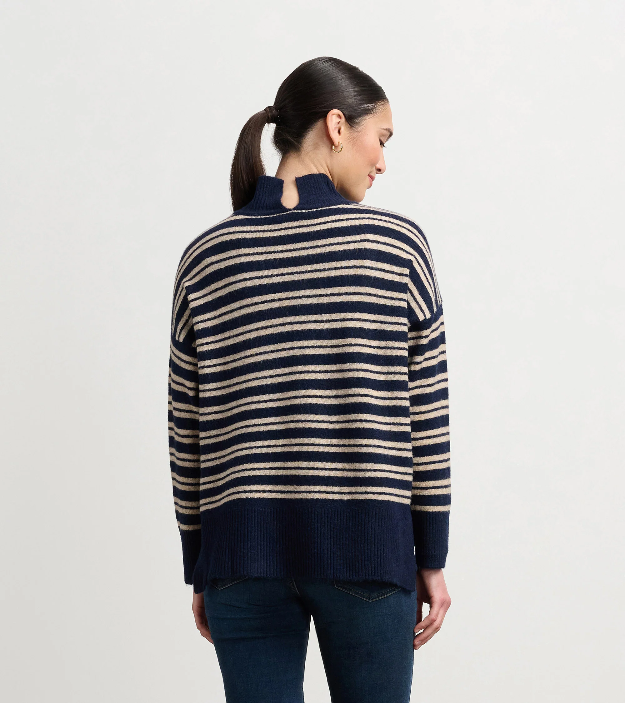 Mock Neck Sweater - Navy and Camel Stripe - Image 5