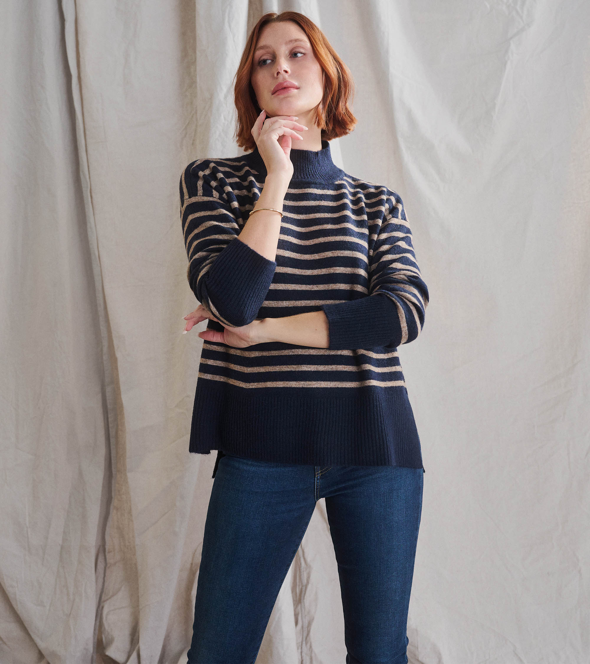 Mock Neck Tunic - Navy Taupe Stripes - Image 3