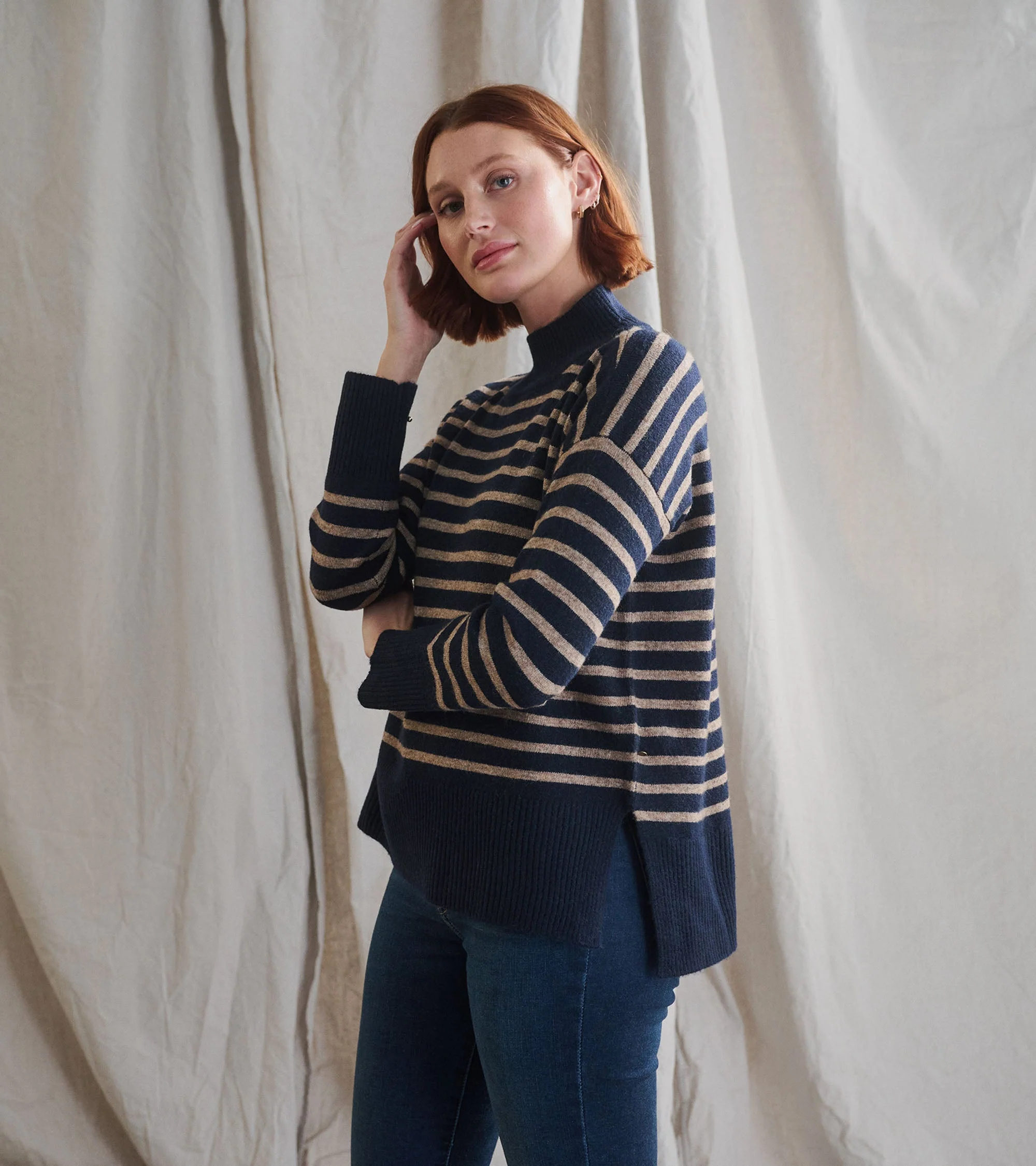 Mock Neck Tunic - Navy Taupe Stripes - Image 4