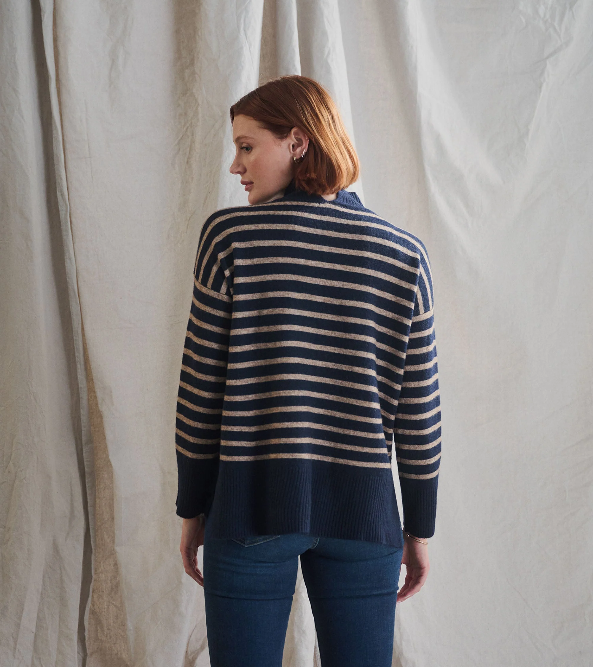 Mock Neck Tunic - Navy Taupe Stripes - Image 5