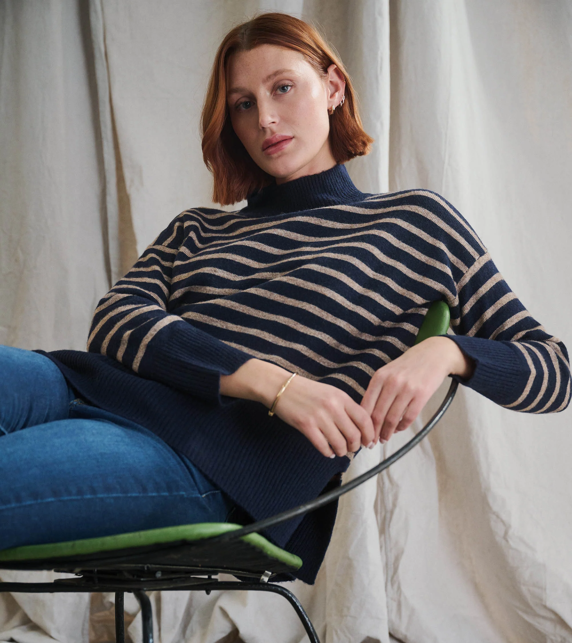 Mock Neck Tunic - Navy Taupe Stripes - Image 7