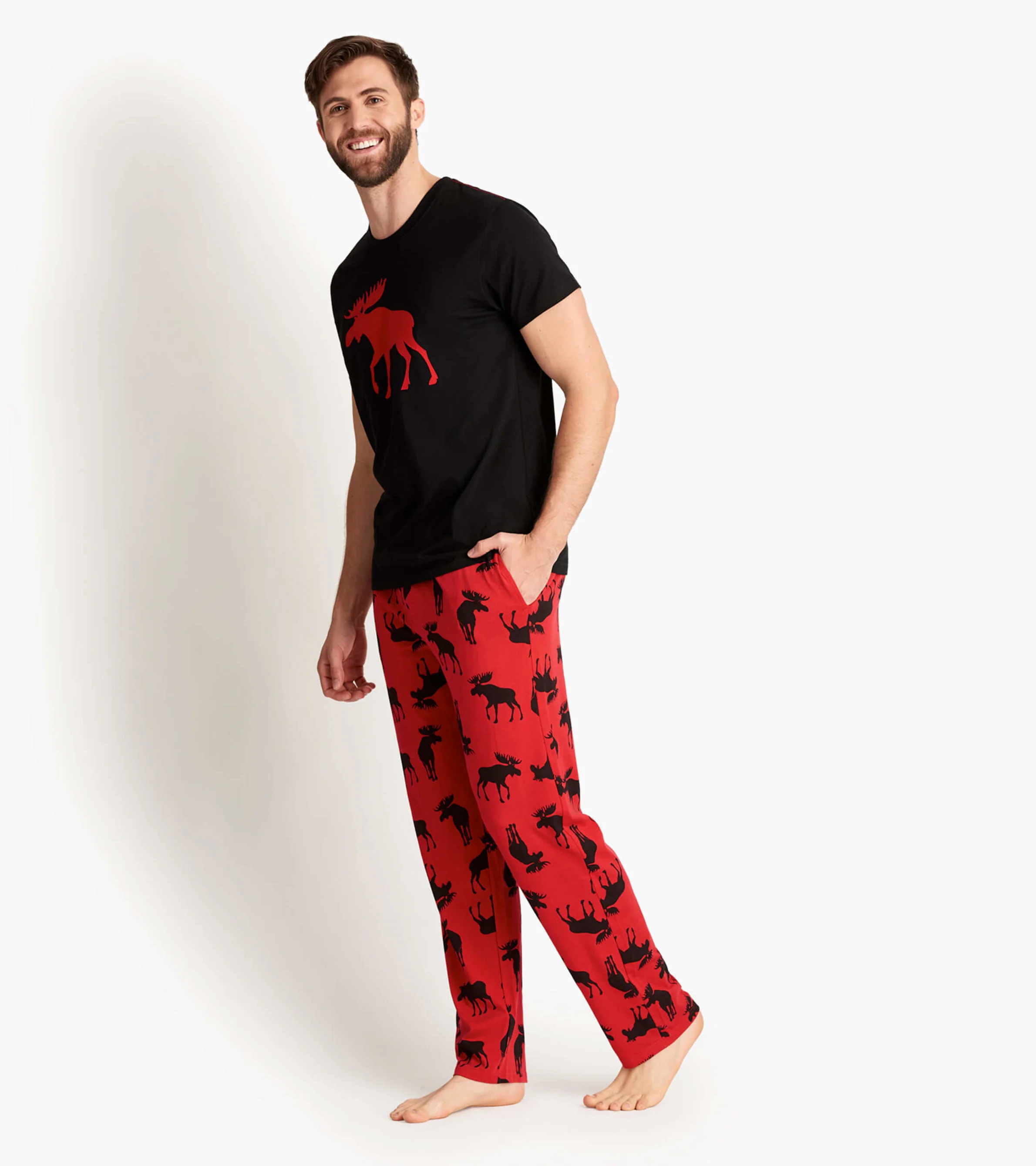 Moose On Red Men's Stretch Cotton Pajama Pants - Image 4