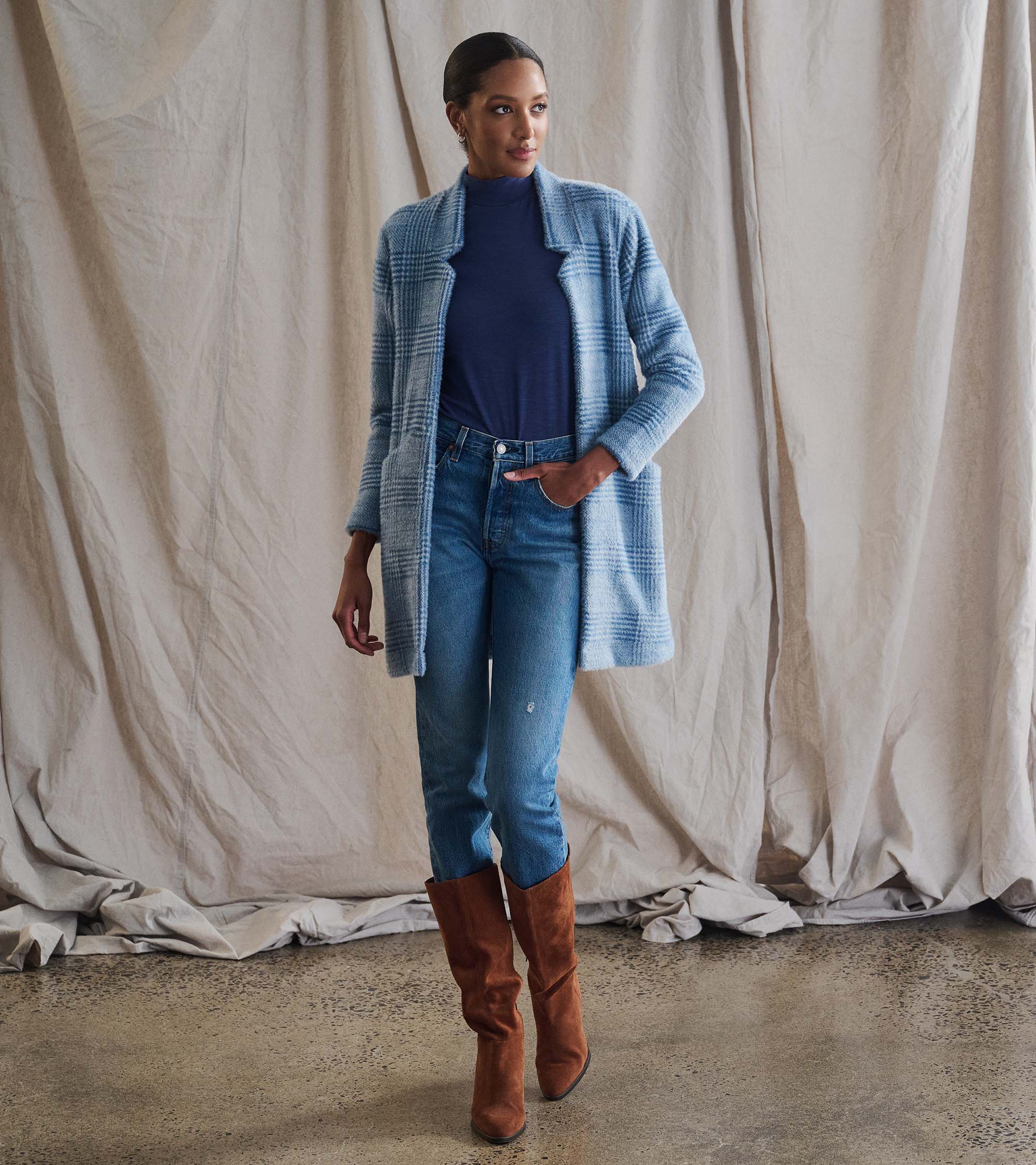 Open Front Jacket - Blue Check - Image 2