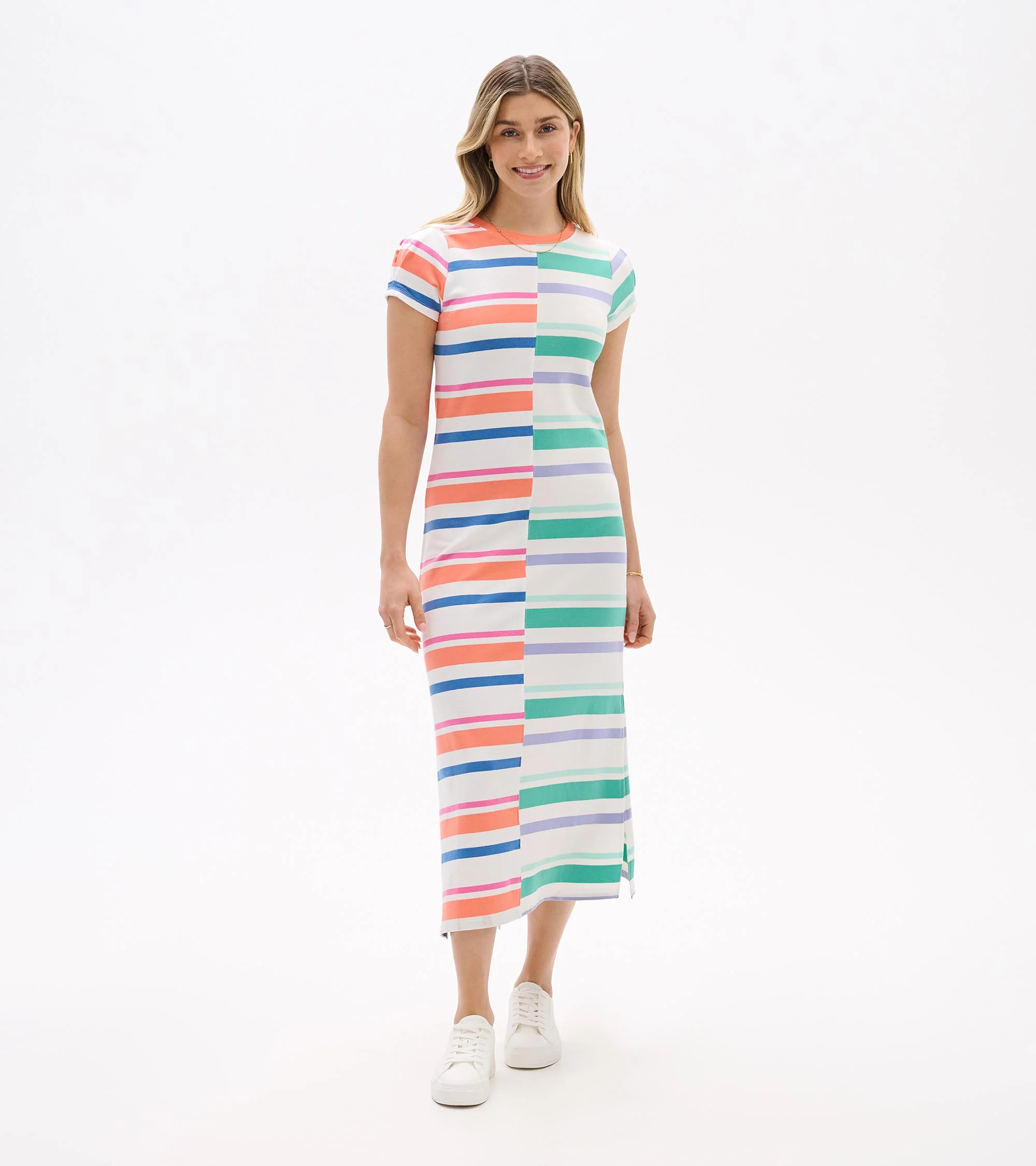 Pleated Sleeve Midi Dress - Offset Stripes