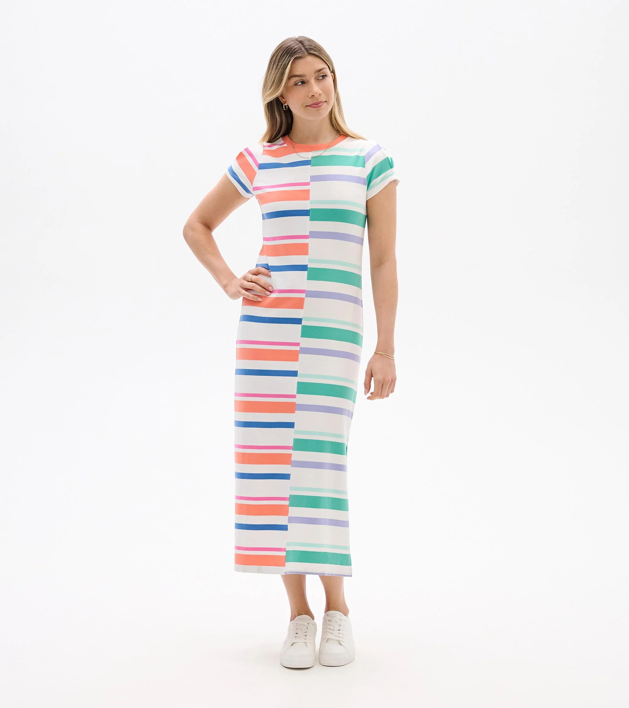 Pleated Sleeve Midi Dress - Offset Stripes - Image 3