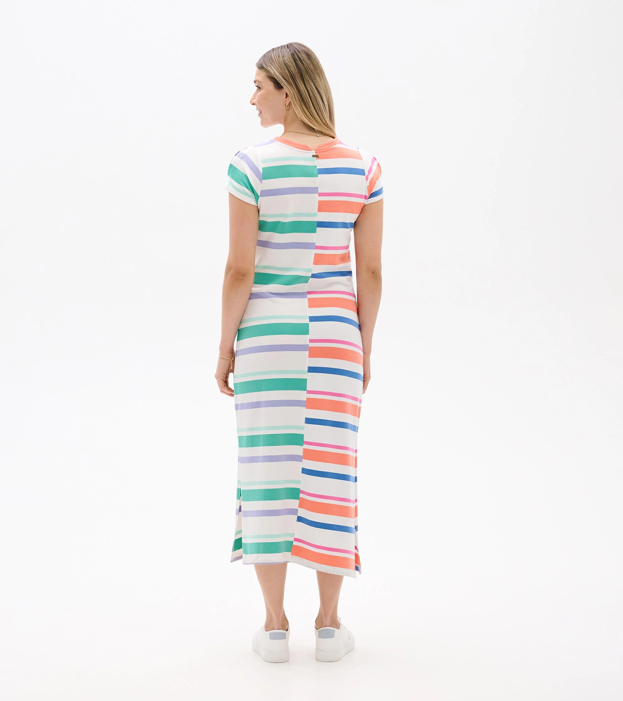 Pleated Sleeve Midi Dress - Offset Stripes - Image 5