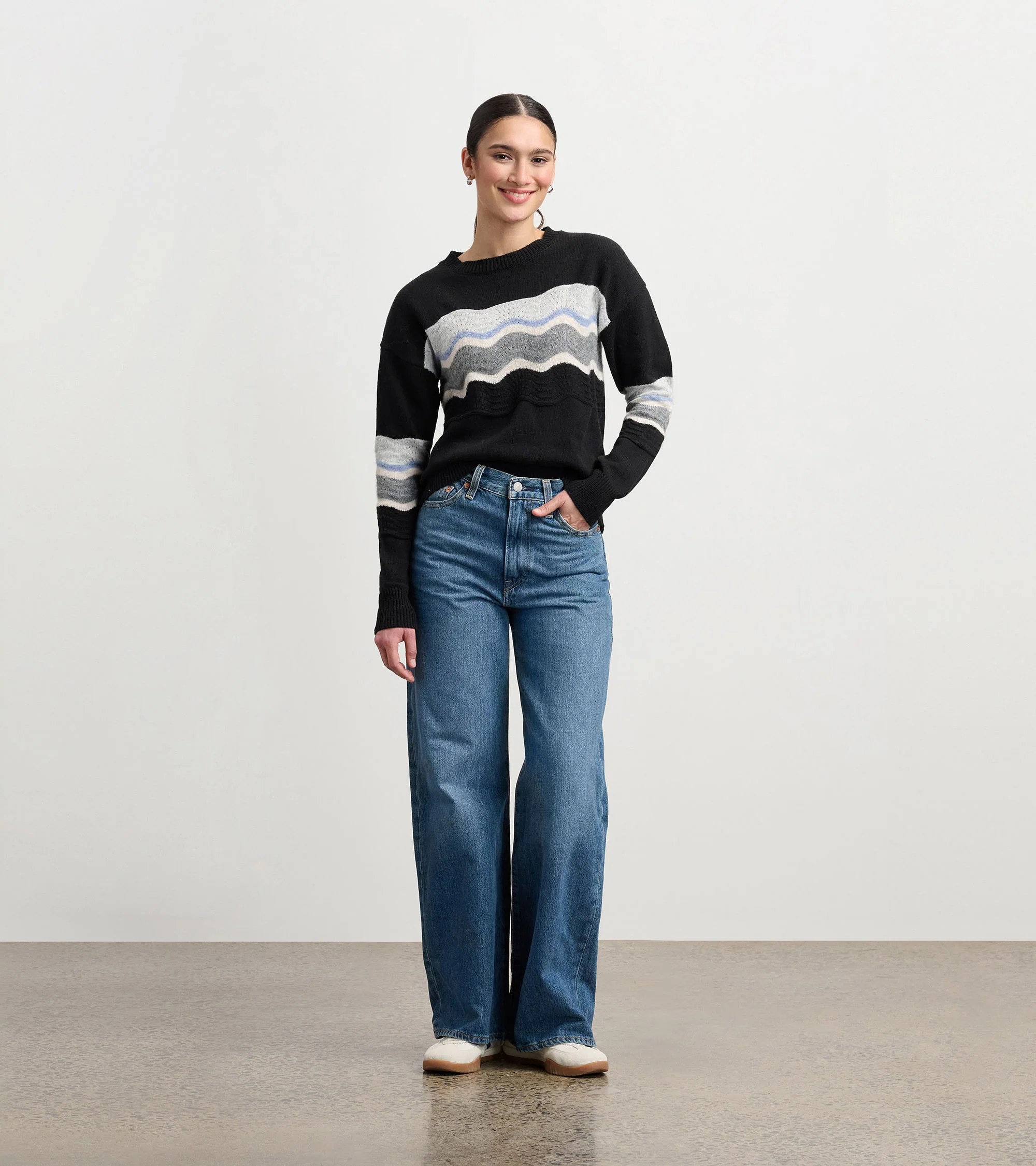 Pointelle Wave Sweater - Black - Image 5