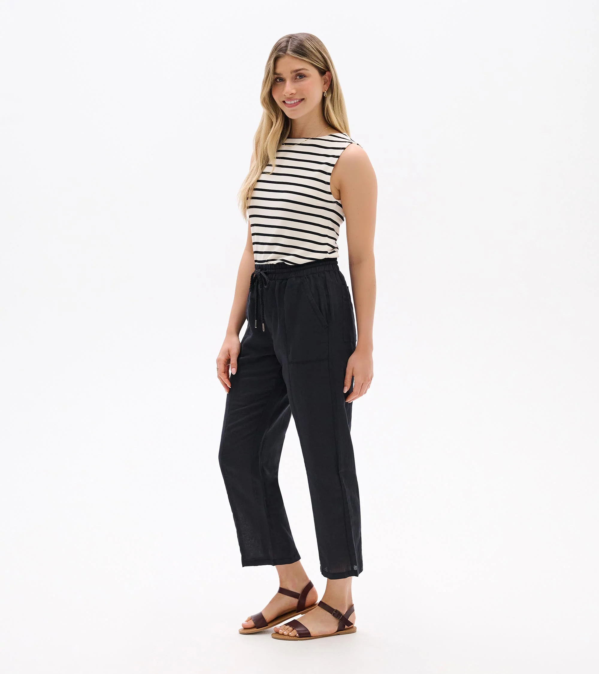 Straight Leg Linen Pants - Black - Image 3