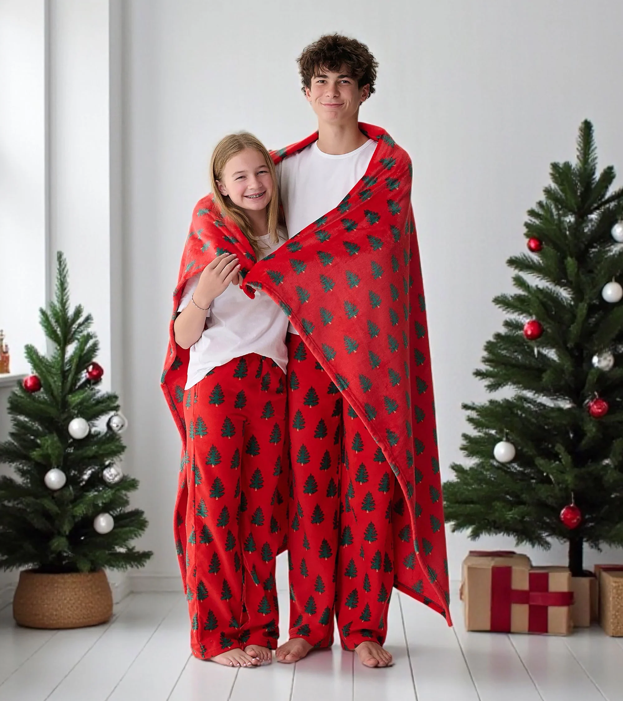 Trees On Red Fuzzy Fleece Blanket - Image 3