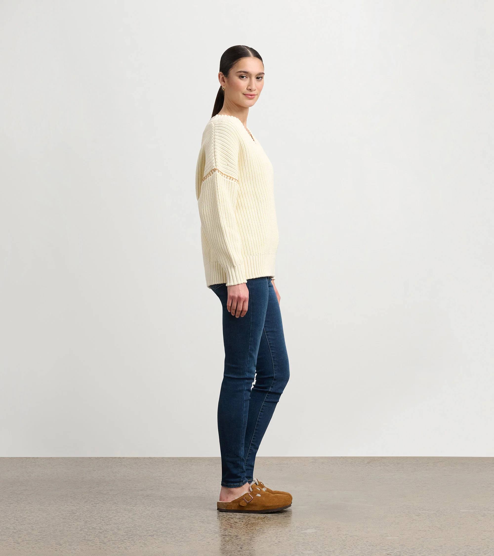 V-Neck Slouchy Sweater - Cream - Image 3