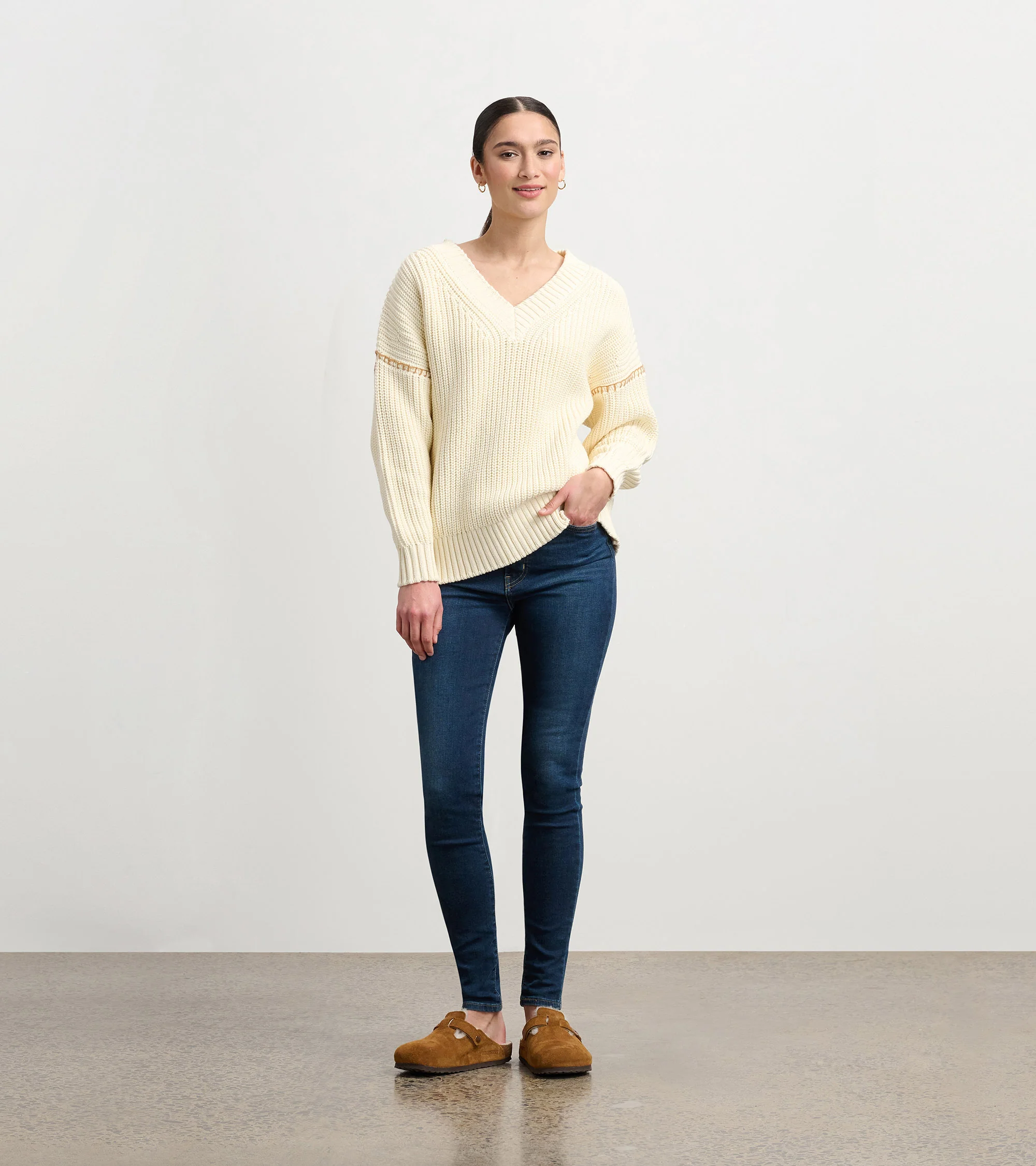 V-Neck Slouchy Sweater - Cream - Image 5