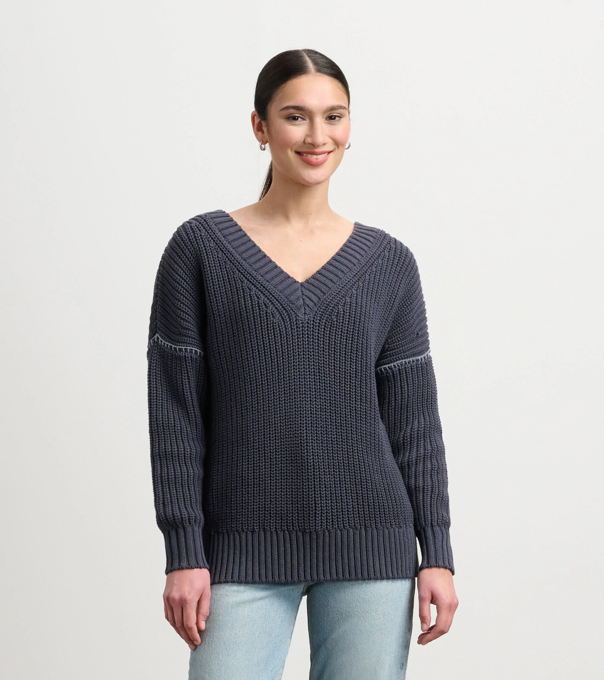 V-Neck Slouchy Sweater - Faded Grey