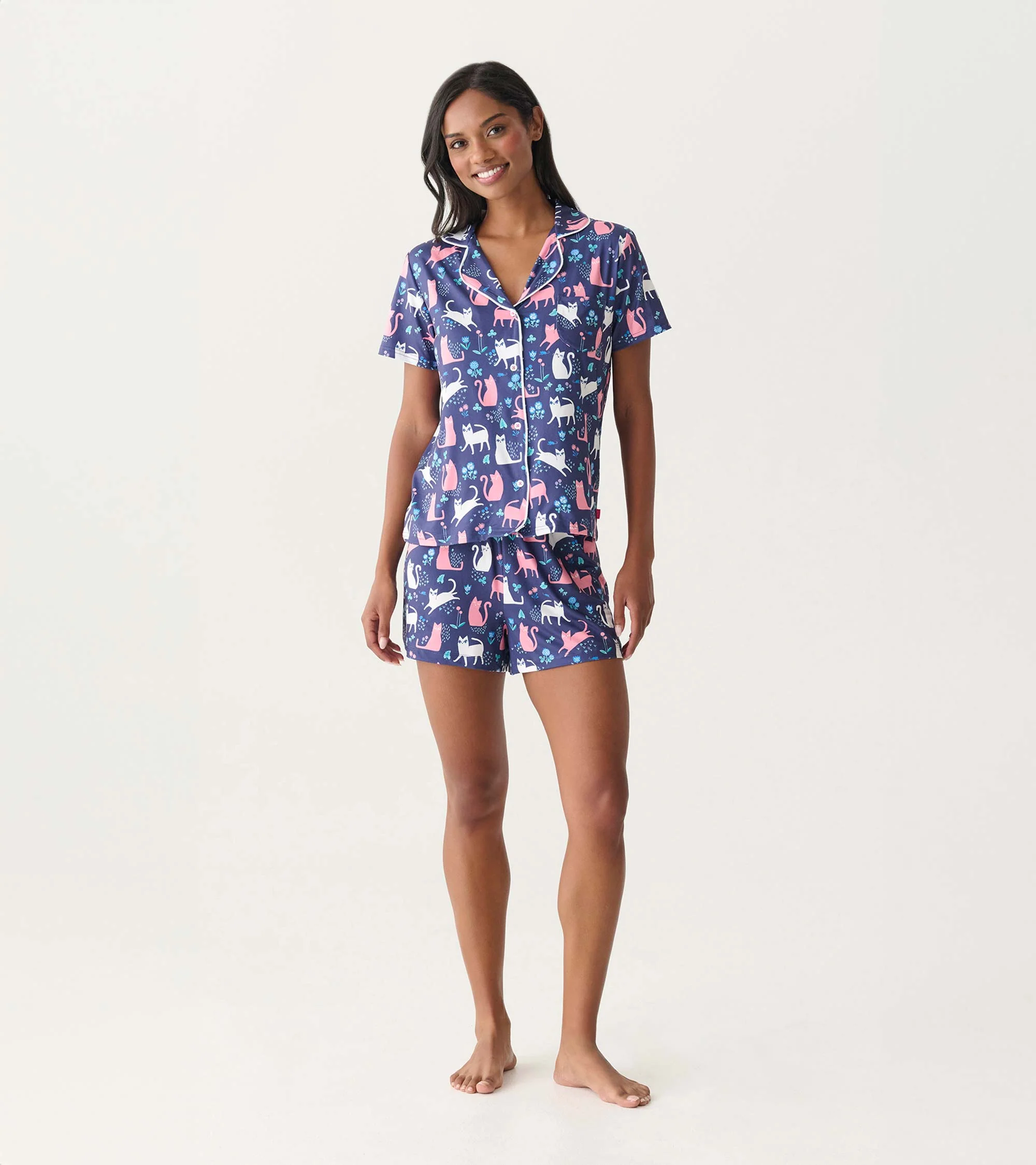 Women's Cats Button Down Polyknit Short Pajama Set