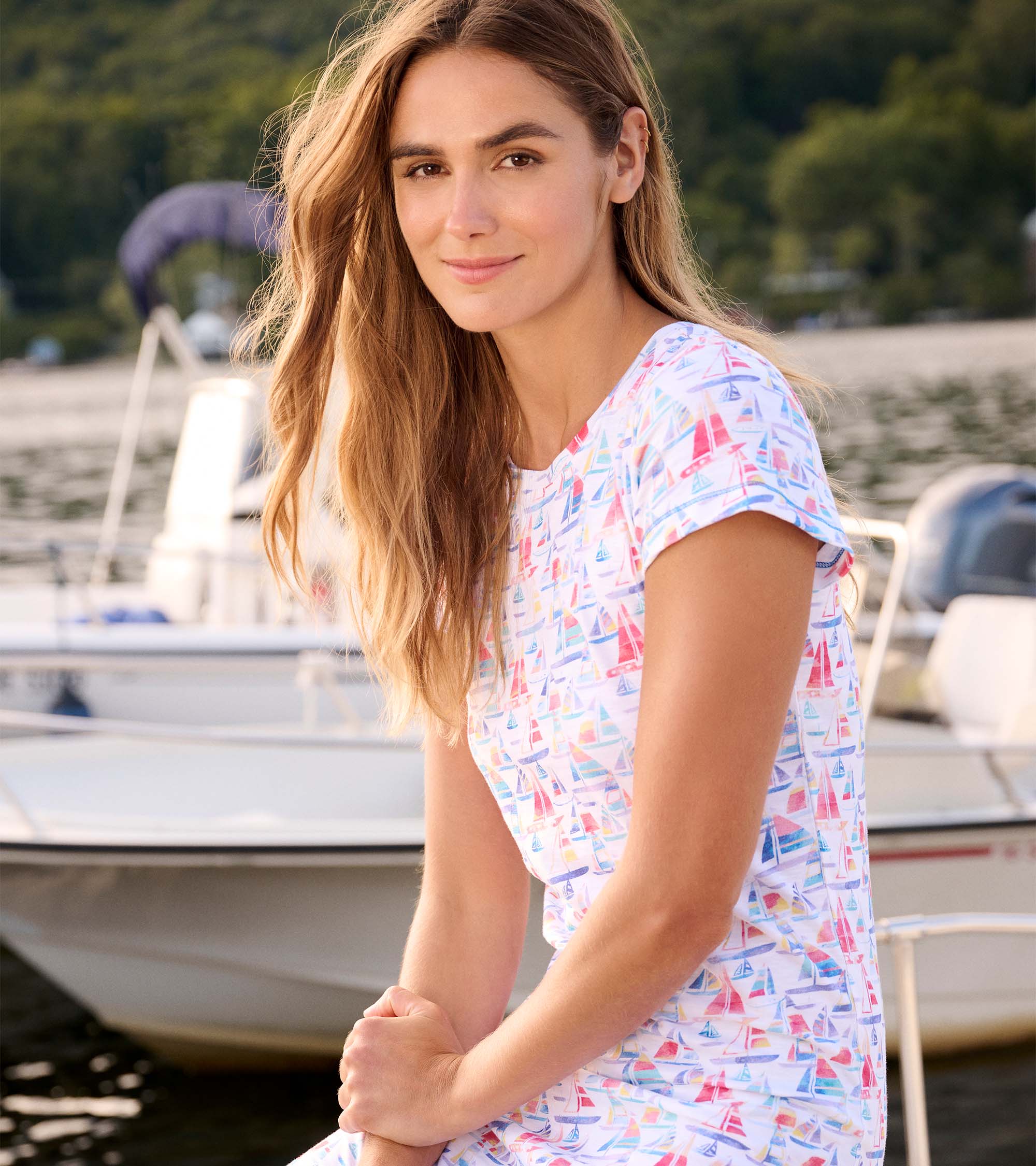 Women's Sailboat Print Crew Neck T-Shirt Dress - Image 3