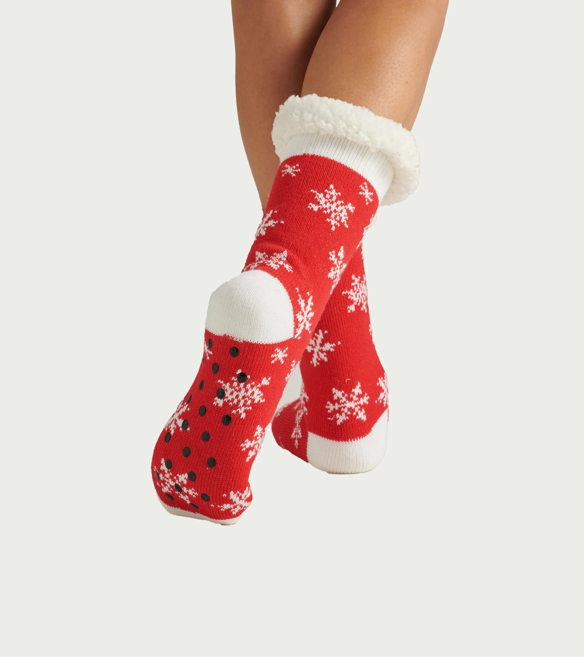 Women's Snowflakes on Red Sherpa Lined Cabin Sock - Image 3